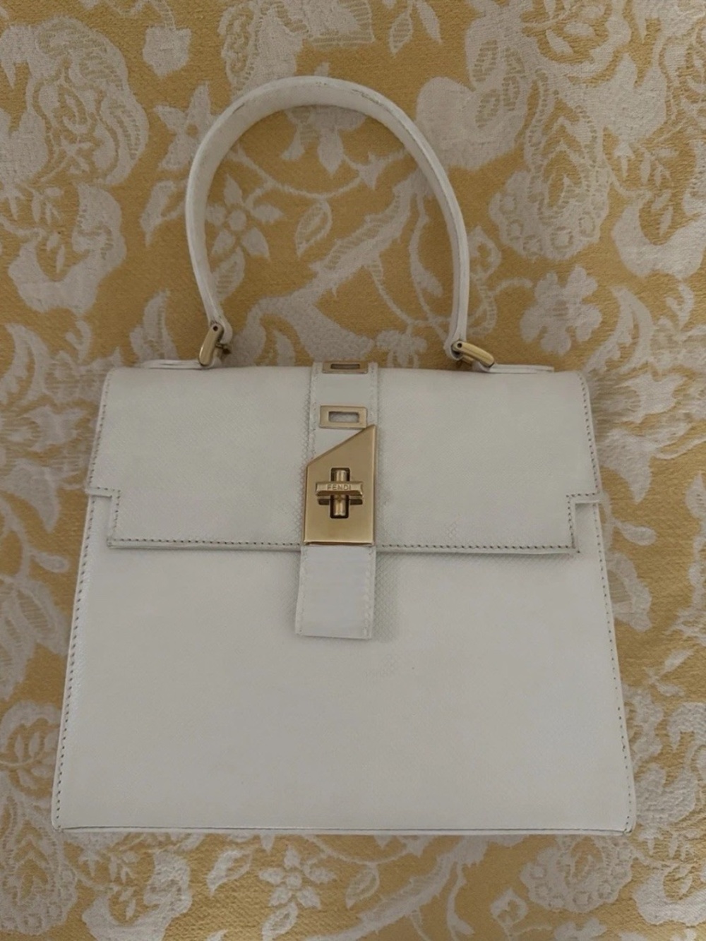 Fendi Vintage White Leather Textured Top Handle Handbag
